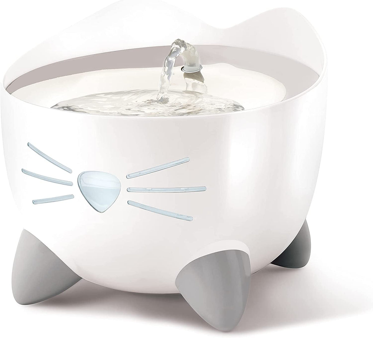 White pet water fountain shaped like a cat on a white background