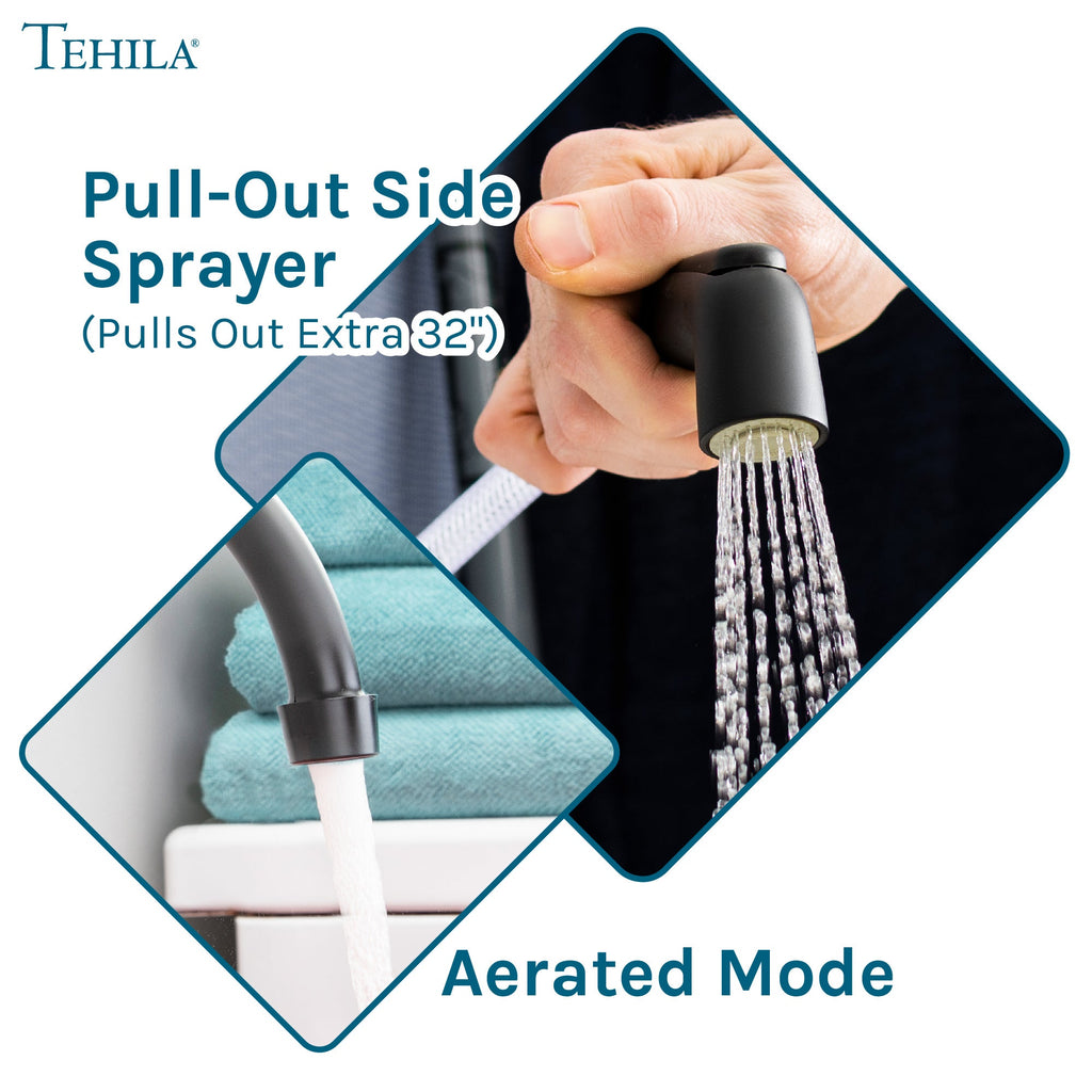 Wide-Set Gooseneck Faucet with Side Sprayer