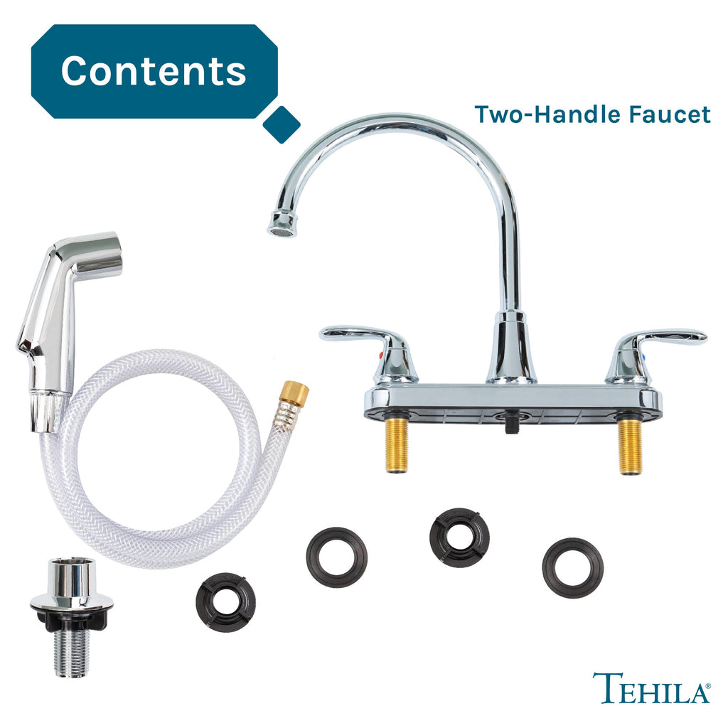 Wide-Set Gooseneck Faucet with Side Sprayer — Chrome Finish