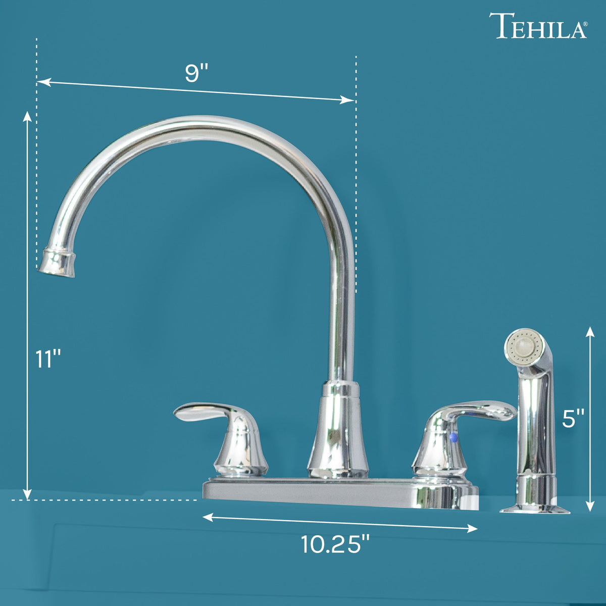 Wide-Set Gooseneck Faucet with Side Sprayer — Chrome Finish