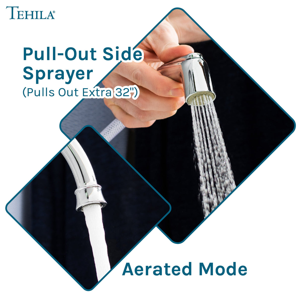Wide-Set Gooseneck Faucet with Side Sprayer — Chrome Finish