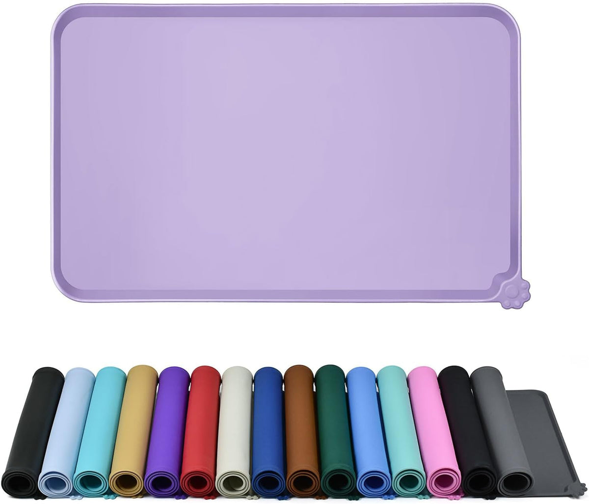 Purple silicone mat with a row of colorful silicone rolls below on a white background