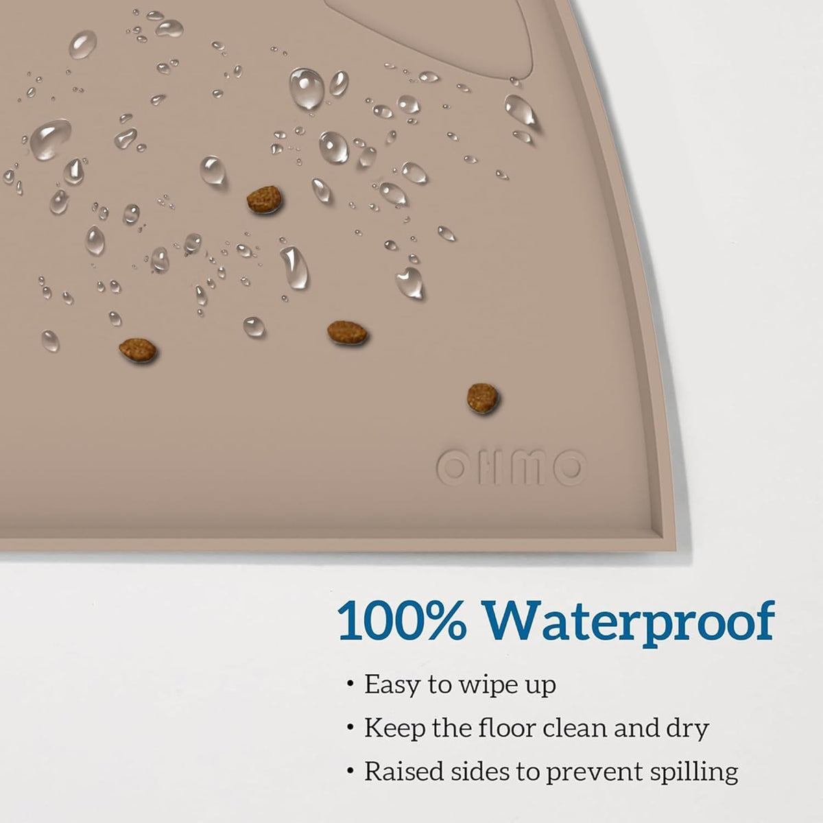 Pet mat with water droplets and pet food, featuring the brand 'Ollie'.