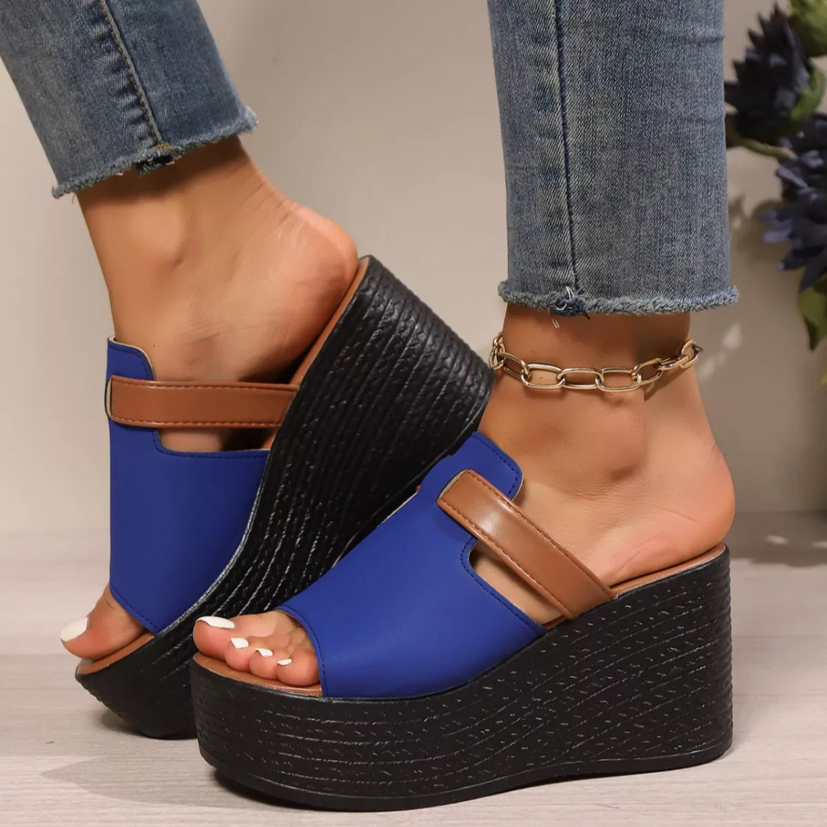 Women's Open Toe Platform Wedge Sandals | PU Leather Slide Heels
