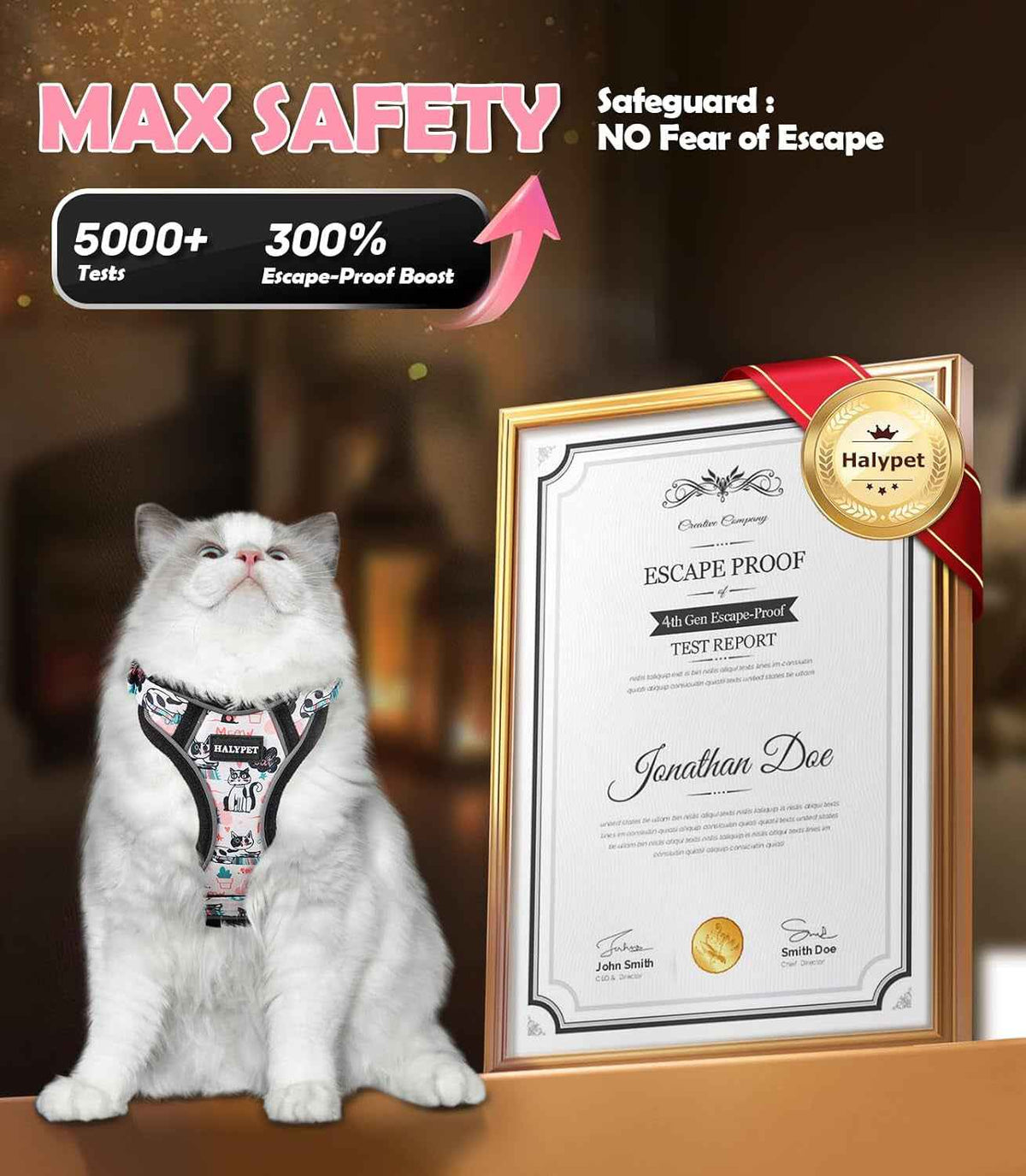 Cat wearing a harness with a framed certificate and 'Halypet' logo, emphasizing safety and proof of testing.