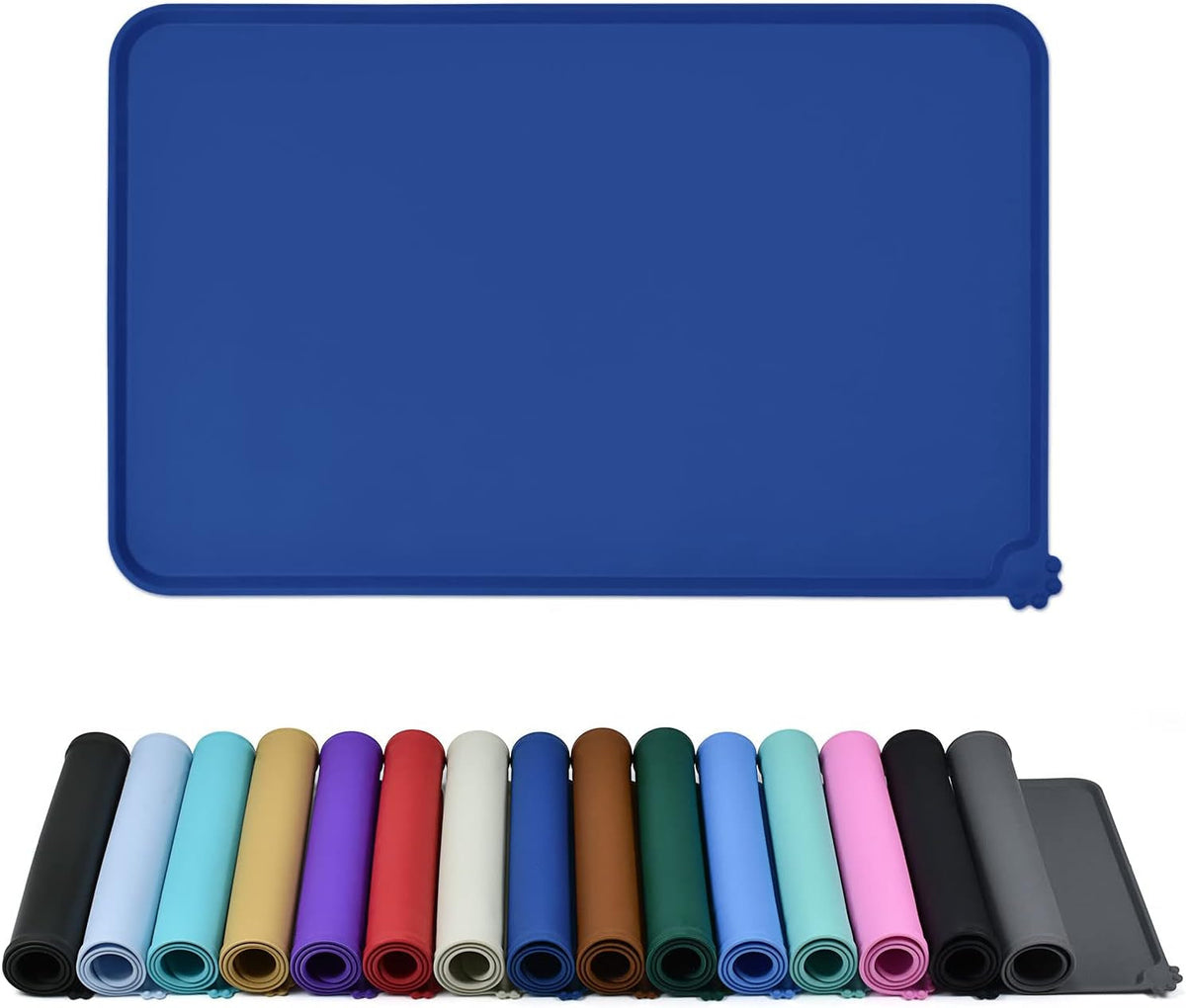 Dark blue raised-edge silicone feeding mat above rolled mats in multiple colors.
