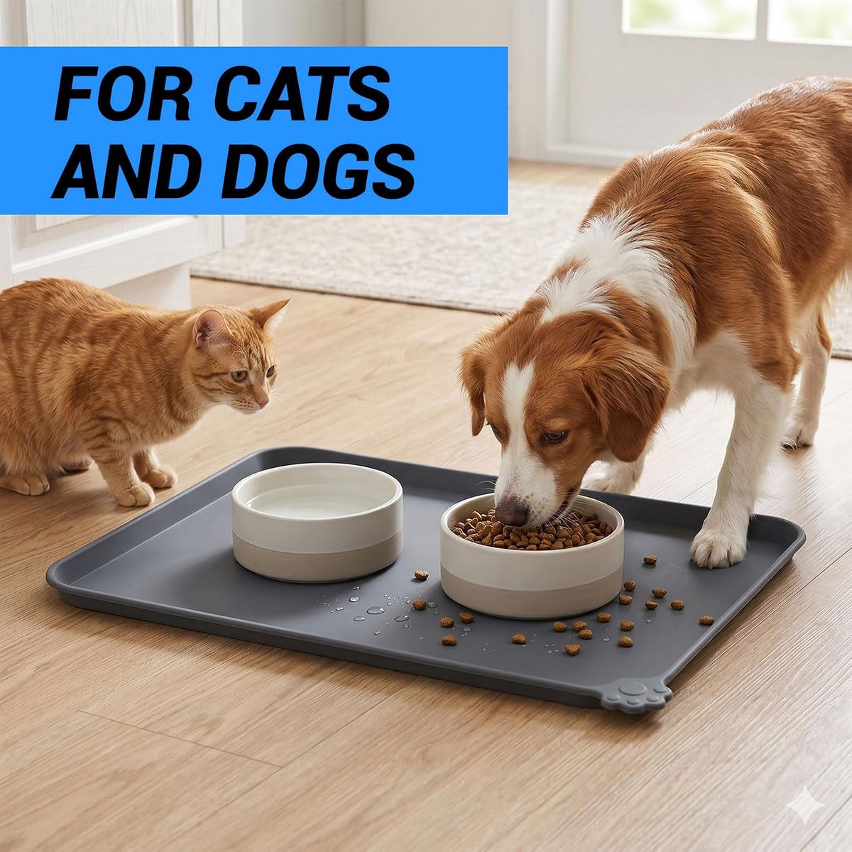 A gray rectangular pet feeding mat with two bowls, shown on a wood floor with a brown-and-white dog eating from the kibble bowl and an orange cat standing nearby. A blue text banner at the top reads 'FOR CATS AND DOGS'.