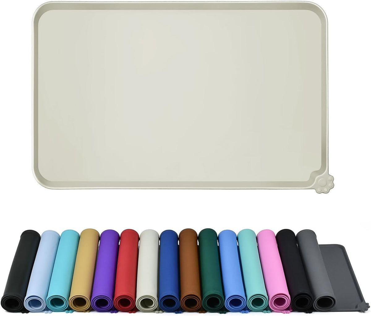 Beige raised-edge silicone feeding mat above rolled mats in multiple colors.

