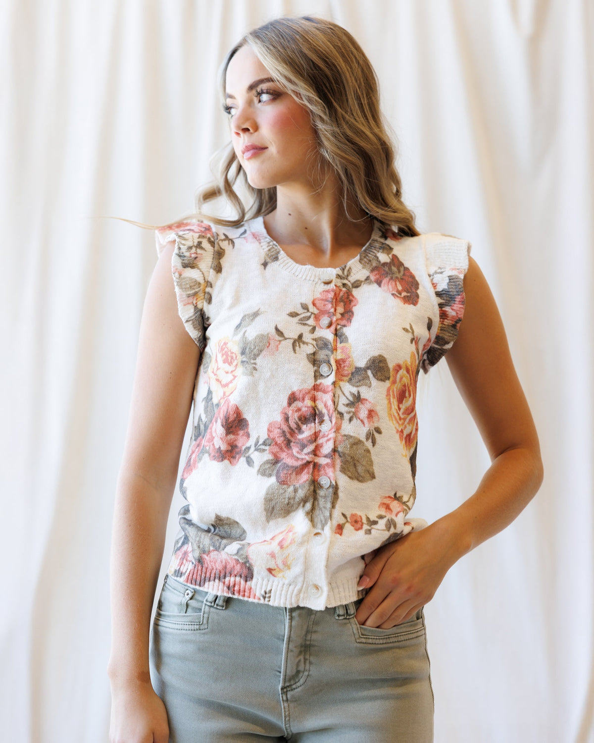 Good Call Cardigan — Floral Ruffle Sleeve Knit