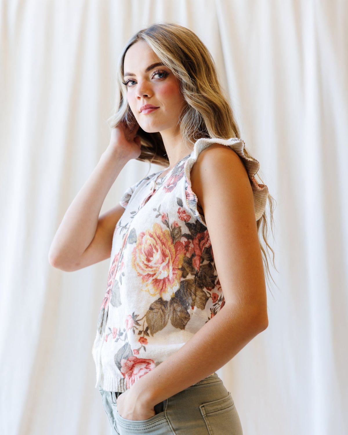 Good Call Cardigan — Floral Ruffle Sleeve Knit