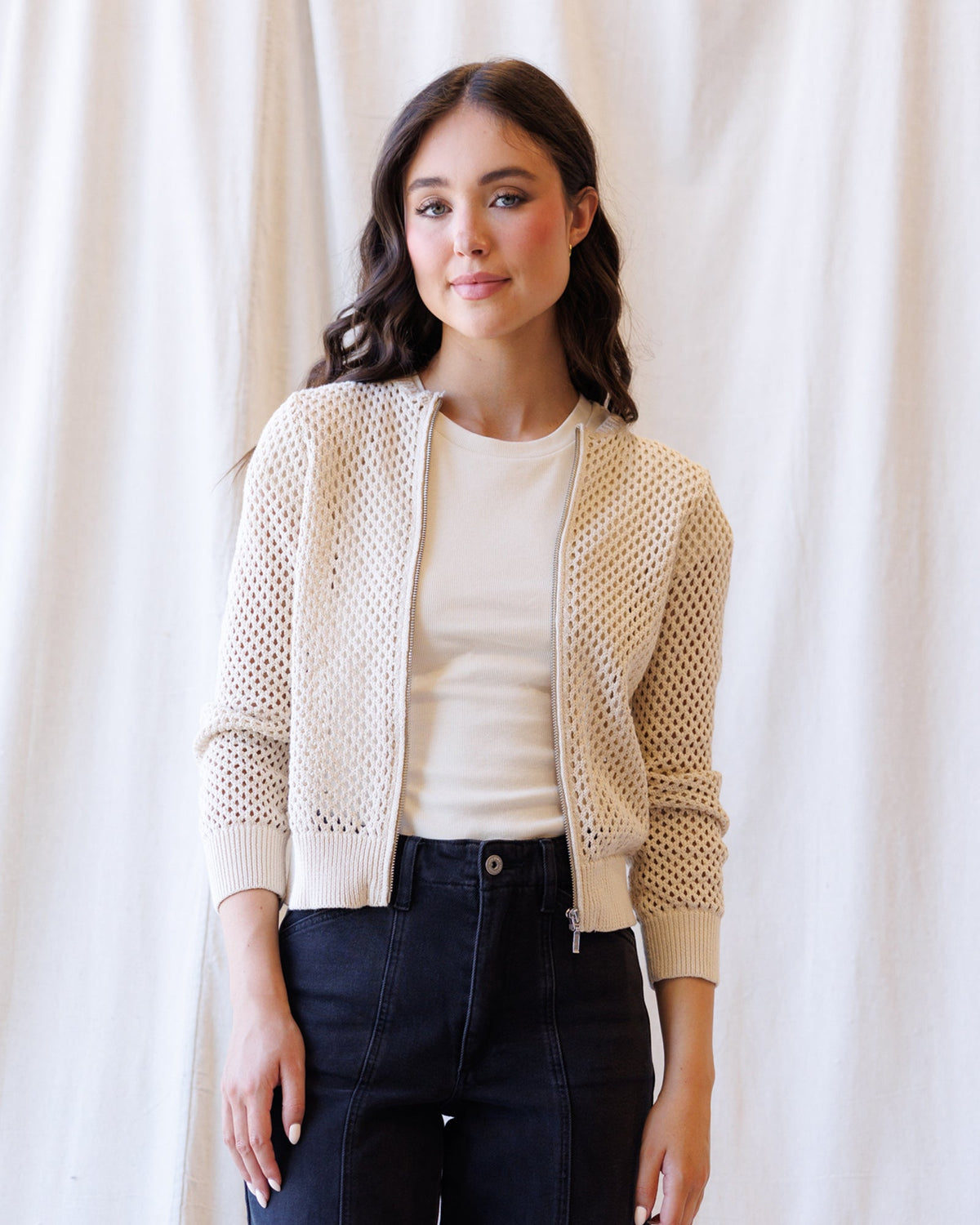 Signature Sweater Jacket — Open-Mesh Bomber Zip Sweater