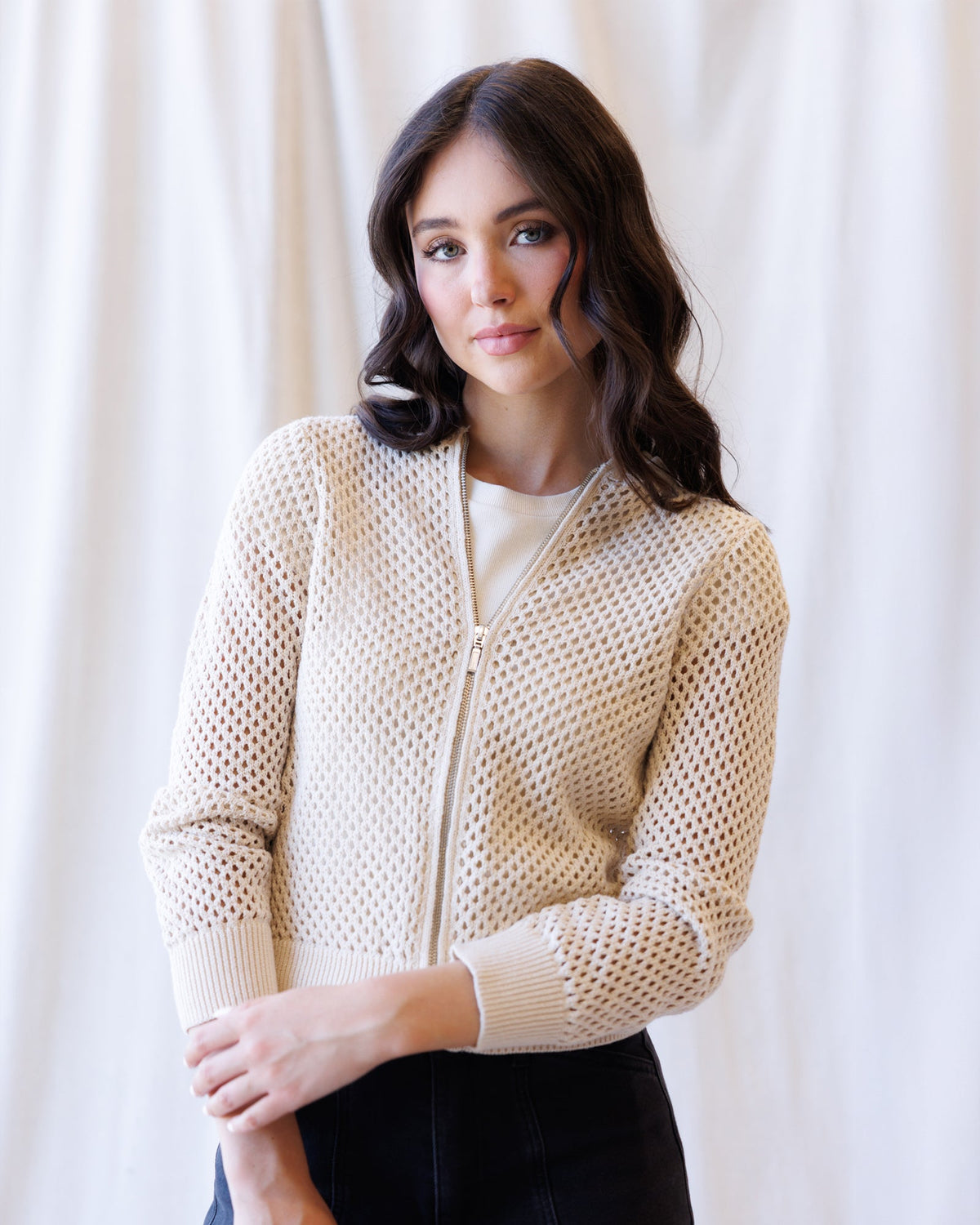 Signature Sweater Jacket — Open-Mesh Bomber Zip Sweater