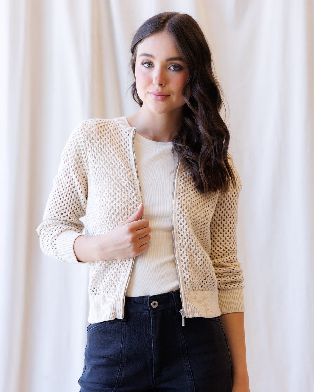 Signature Sweater Jacket — Open-Mesh Bomber Zip Sweater