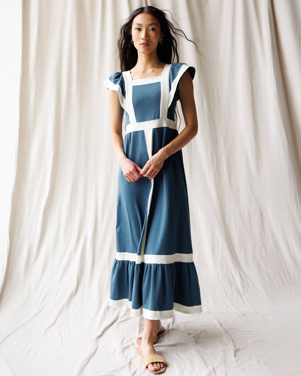 Block Party Dress — Trim Maxi with Flutter Sleeves