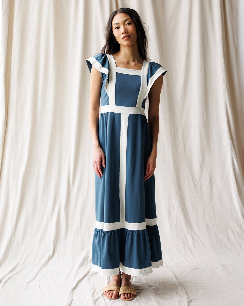 Block Party Dress — Trim Maxi with Flutter Sleeves