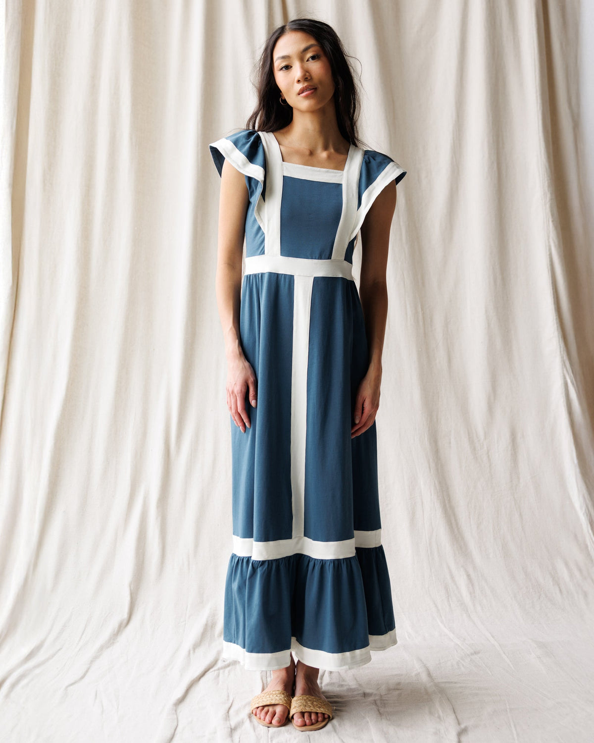 Block Party Dress — Trim Maxi with Flutter Sleeves
