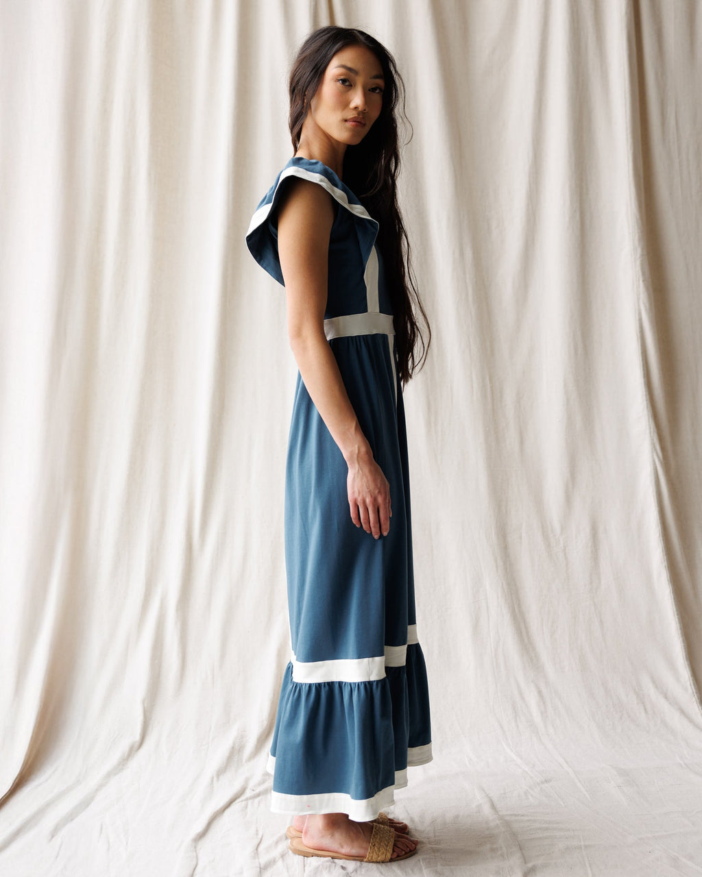 Block Party Dress — Trim Maxi with Flutter Sleeves