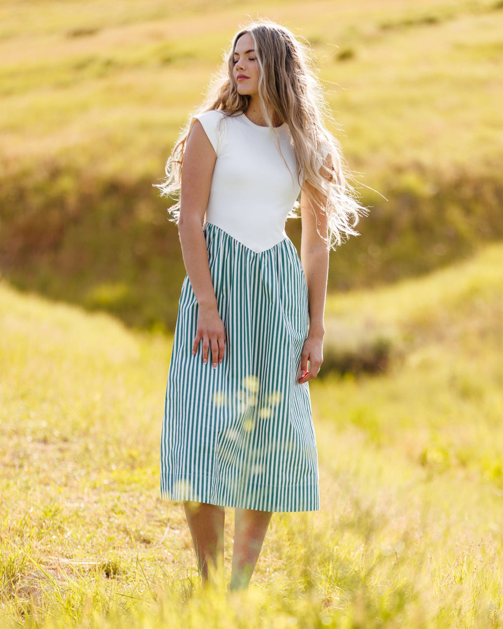 Valencia Dress — Grass Green Stripe