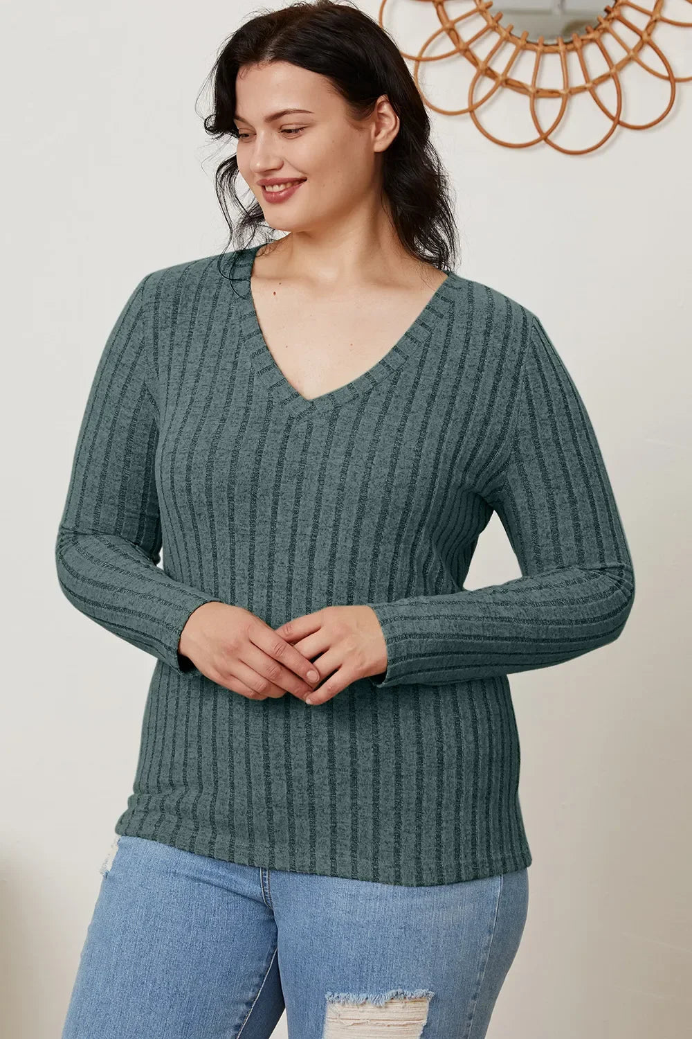 Basic Bae Ribbed V-Neck Long Sleeve Top
