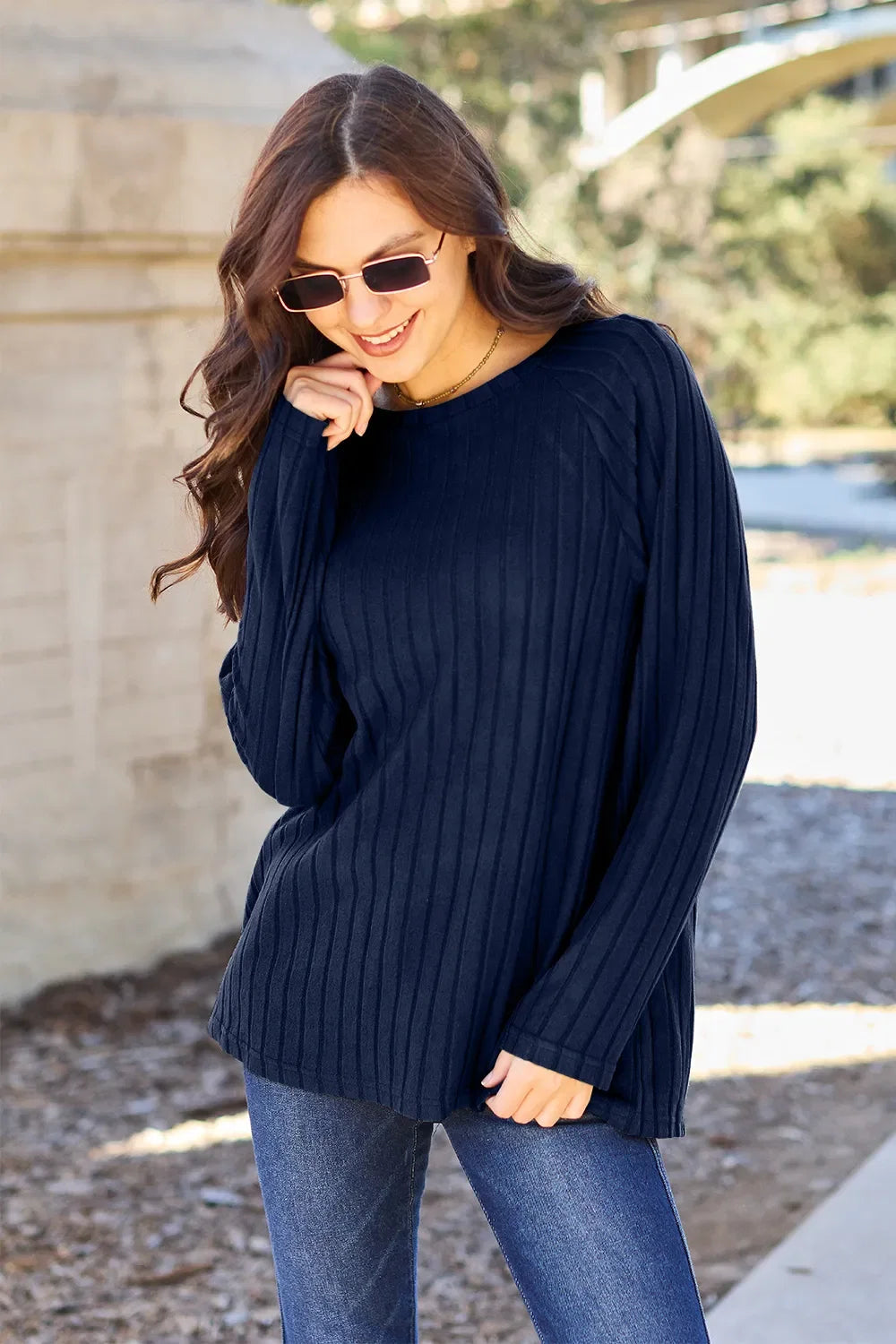 Ribbed Round Neck Oversized Knit Top