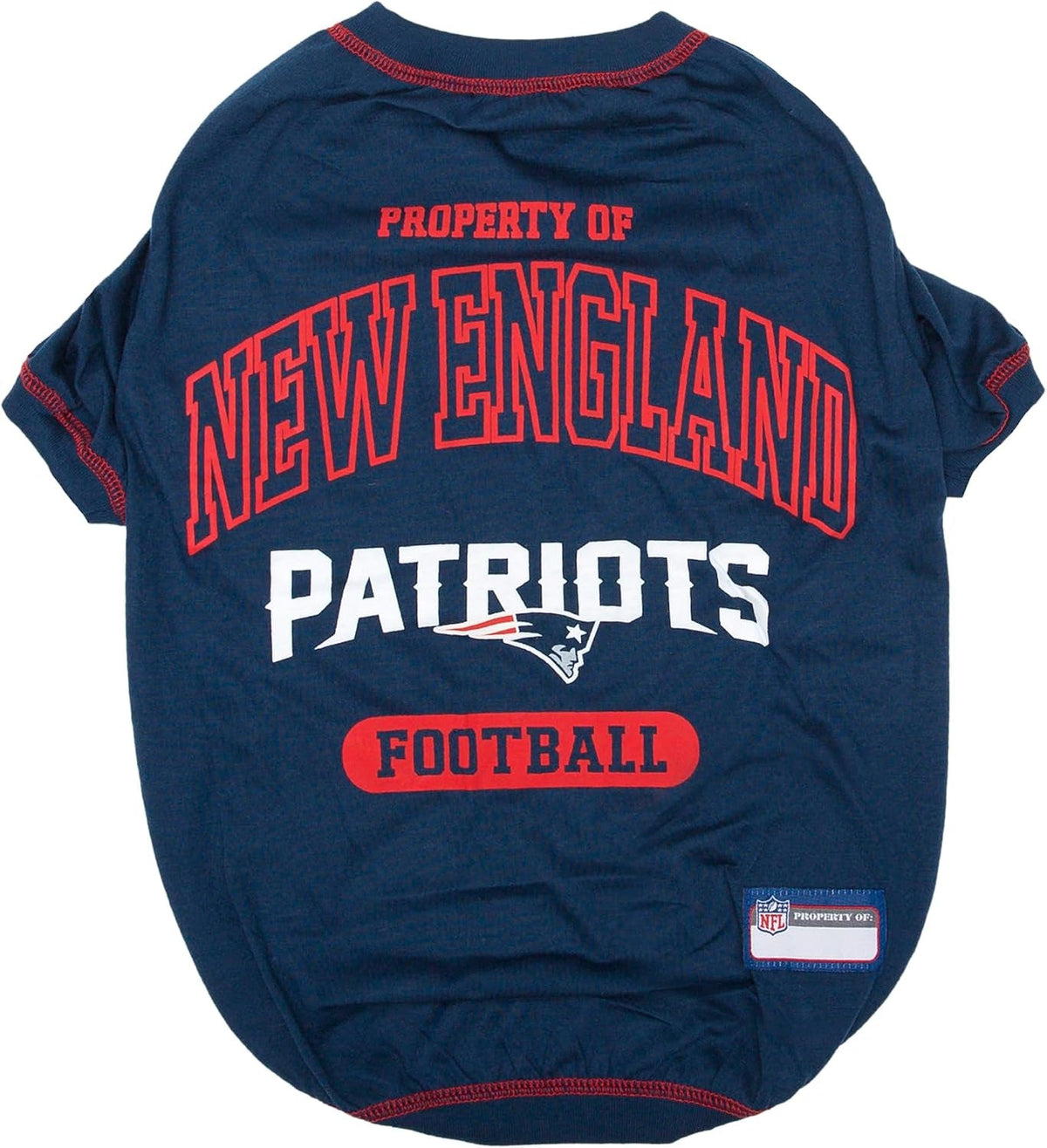 A navy blue dog t-shirt featuring the New England Patriots logo and text on the back, including 'PROPERTY OF NEW ENGLAND PATRIOTS FOOTBALL' in red and white lettering.