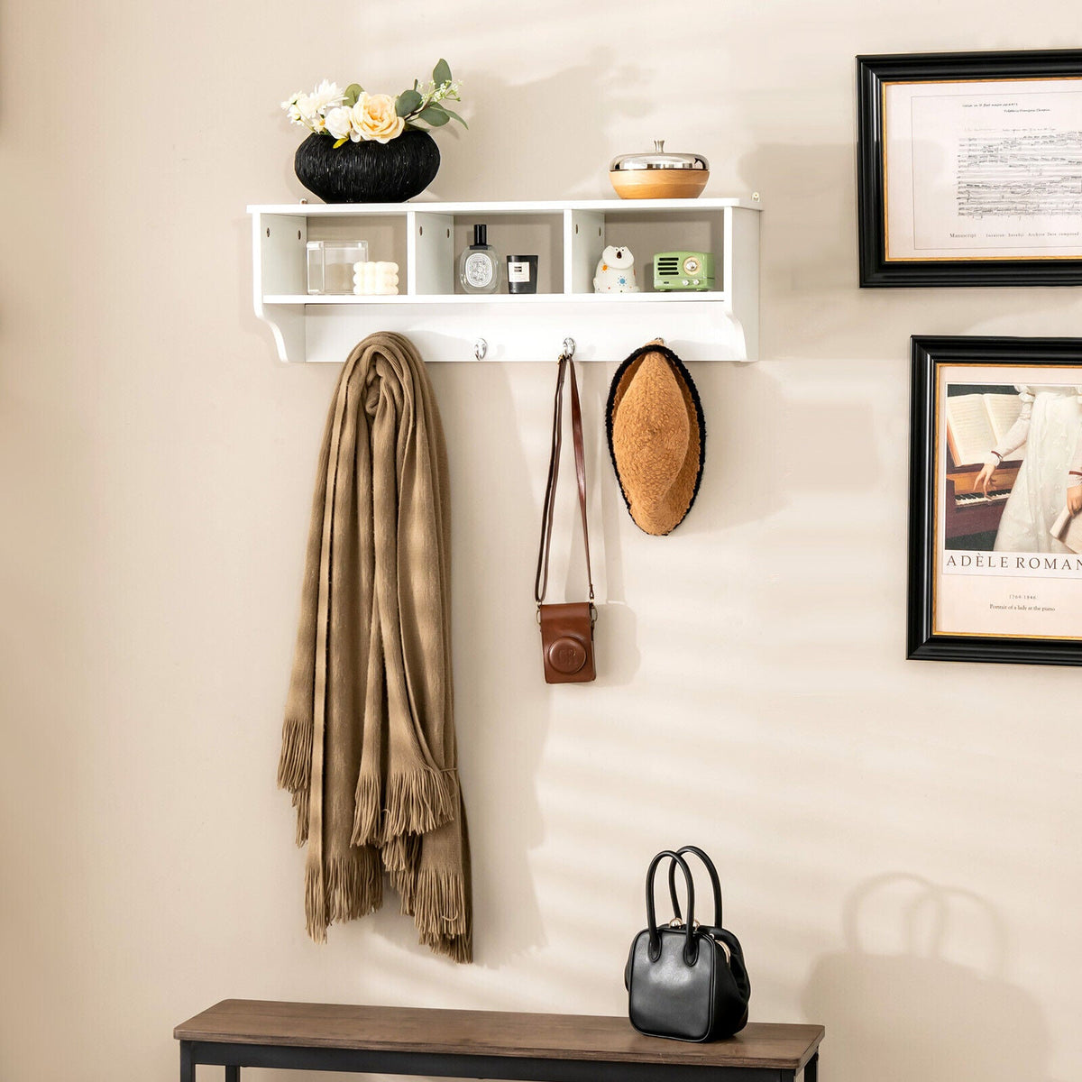 Wall-Mount Cubby Shelf with Hooks