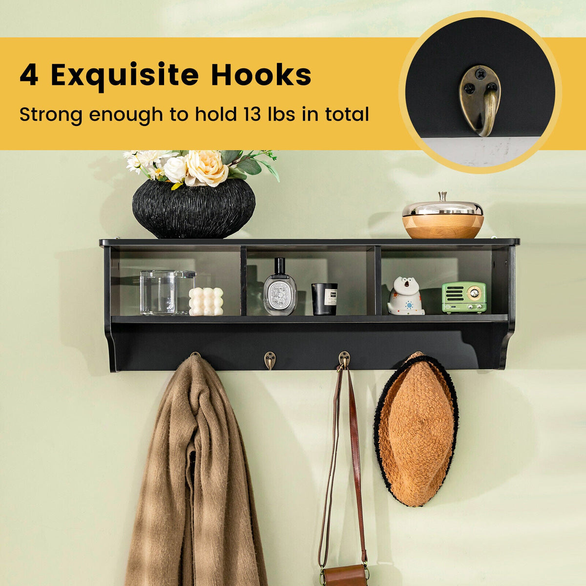 Wall-Mount Cubby Shelf with Hooks