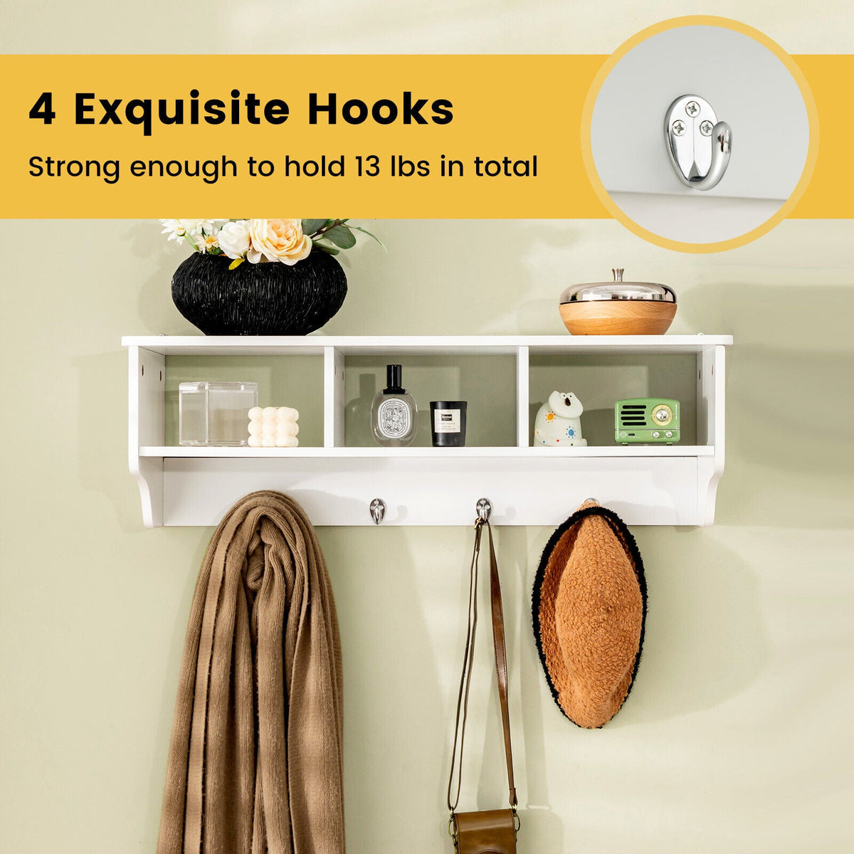 Wall-Mount Cubby Shelf with Hooks