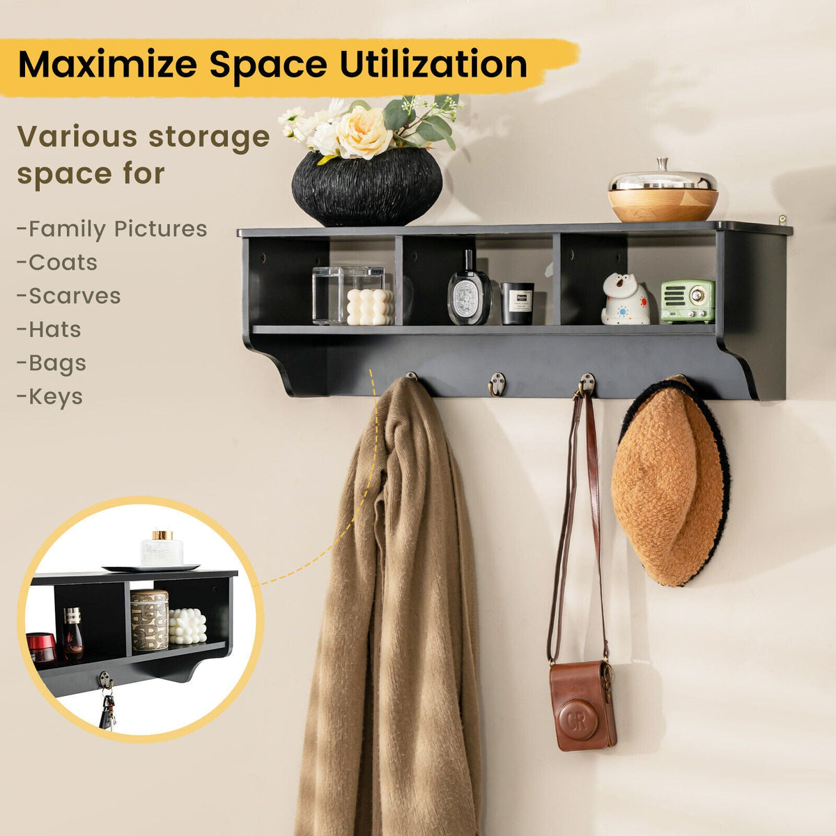 Wall-Mount Cubby Shelf with Hooks