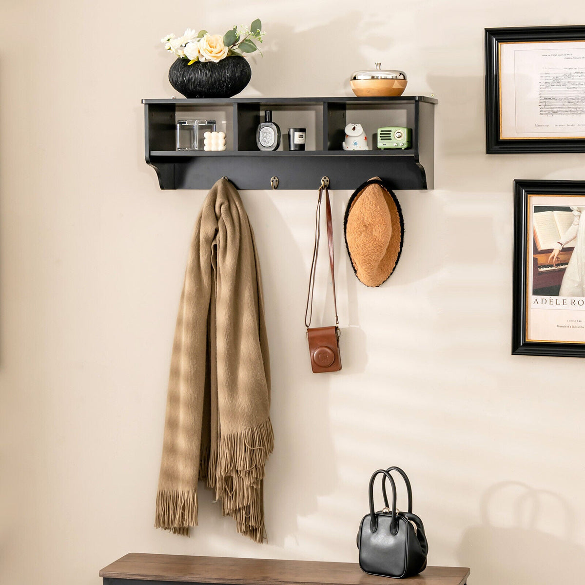 Wall-Mount Cubby Shelf with Hooks