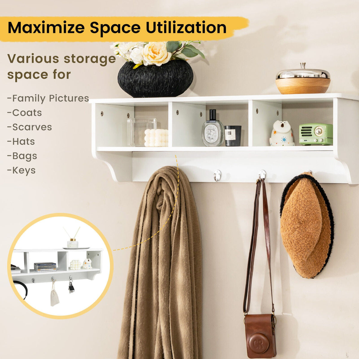 Wall-Mount Cubby Shelf with Hooks