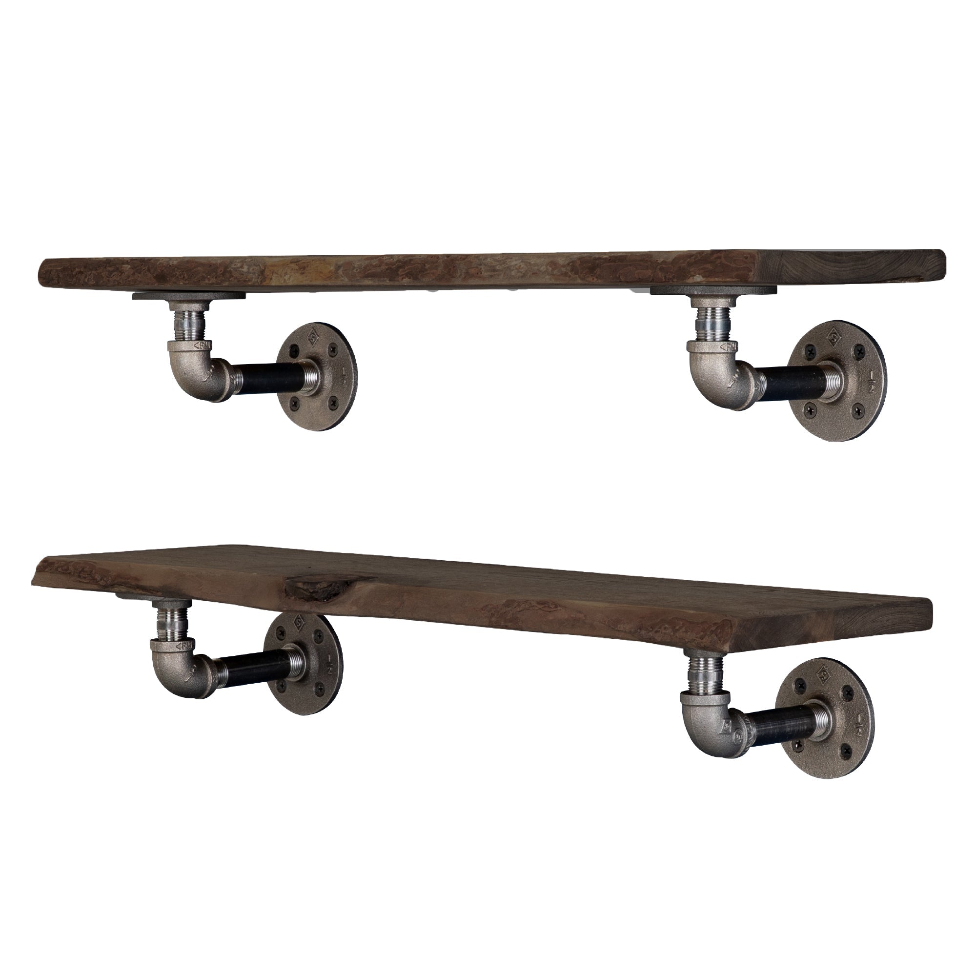 PIPE DECOR 24 in. Trail Brown Live Edge Wood Shelf with L-Shaped Pipe Brackets (2-Pack)