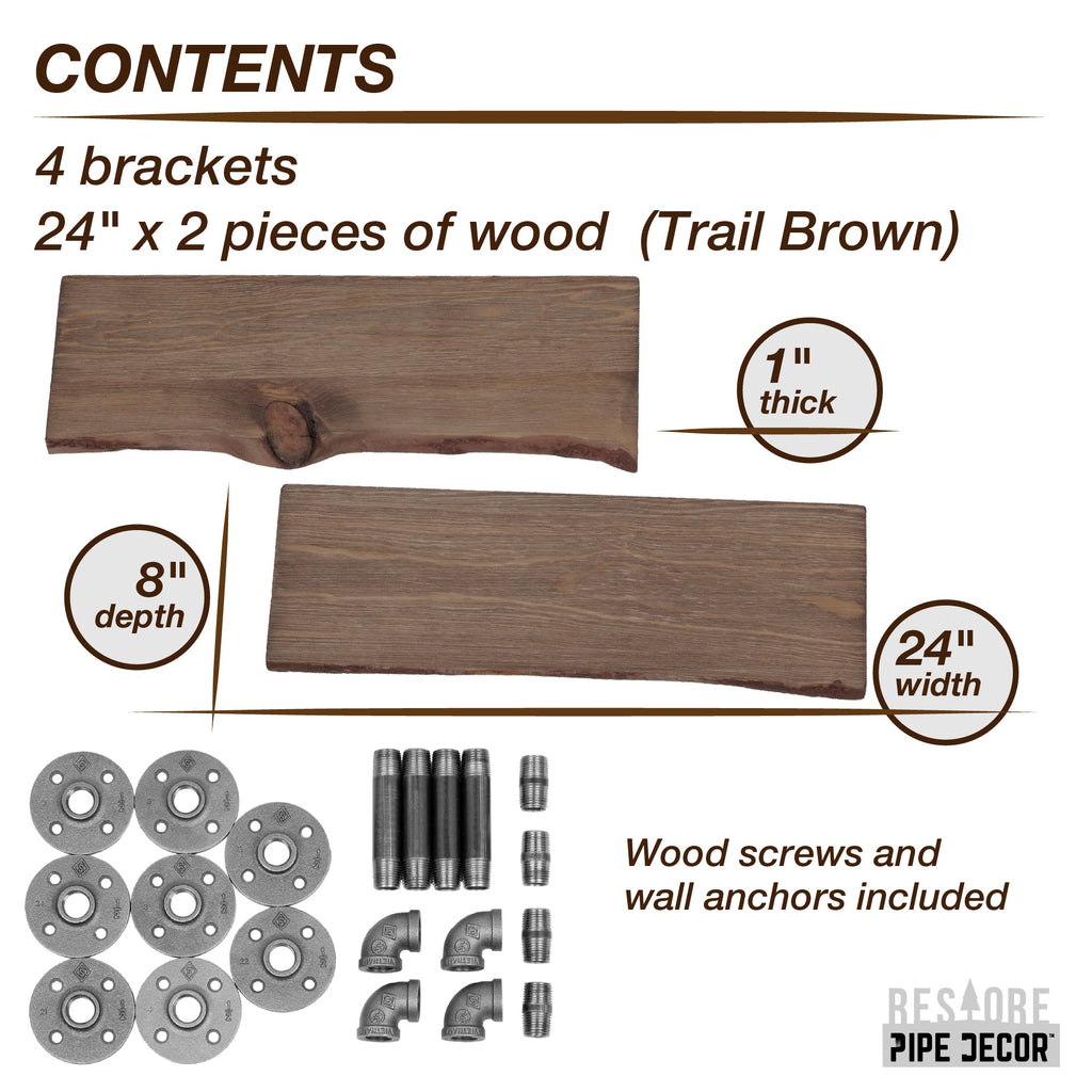PIPE DECOR 24 in. Trail Brown Live Edge Wood Shelf with L-Shaped Pipe Brackets (2-Pack)