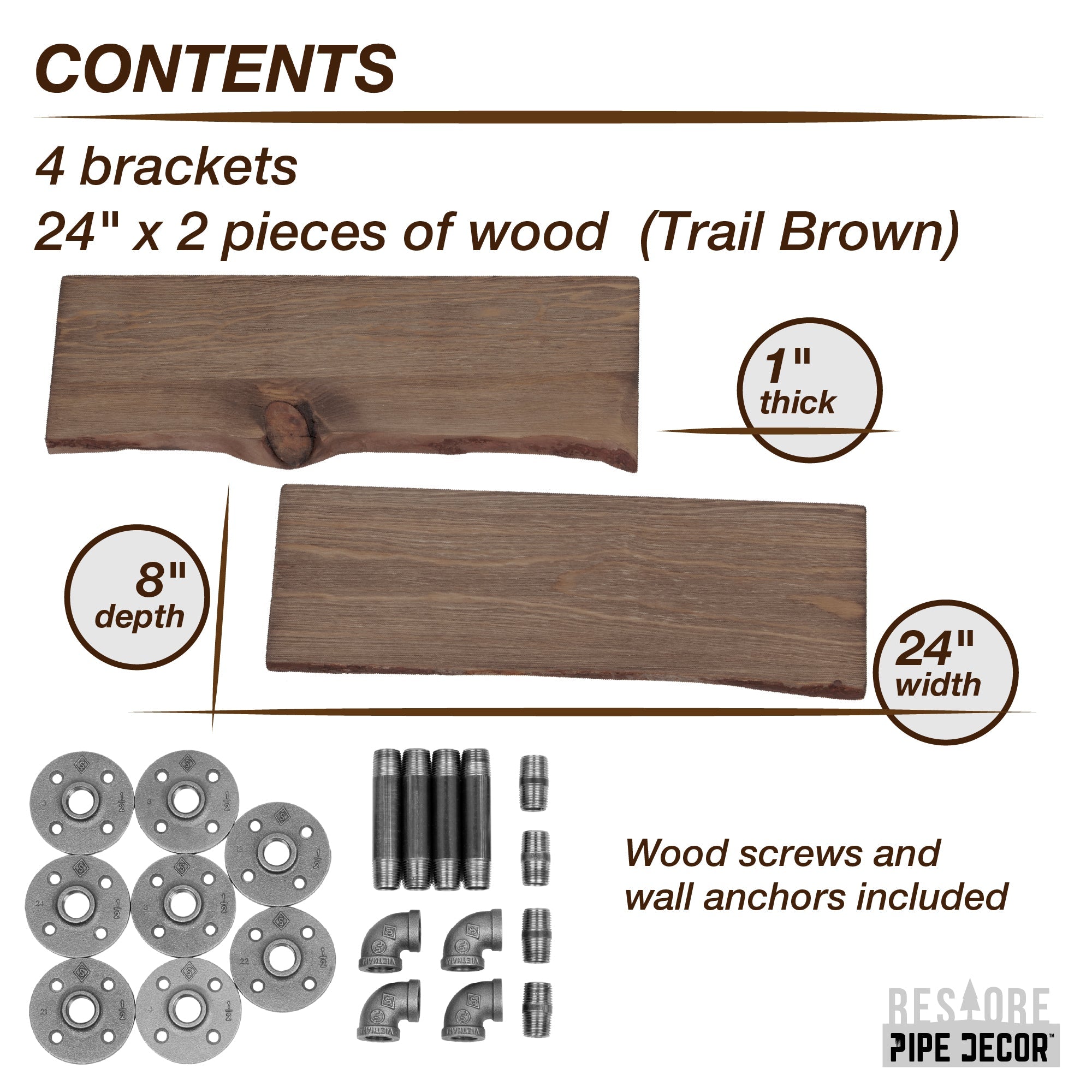 PIPE DECOR 24 in. Trail Brown Live Edge Wood Shelf with L-Shaped Pipe Brackets (2-Pack)