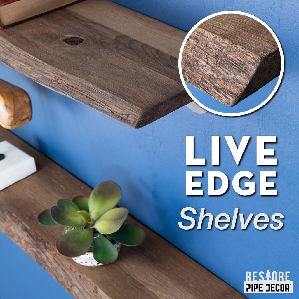 PIPE DECOR 24 in. Trail Brown Live Edge Wood Shelf with L-Shaped Pipe Brackets (2-Pack)