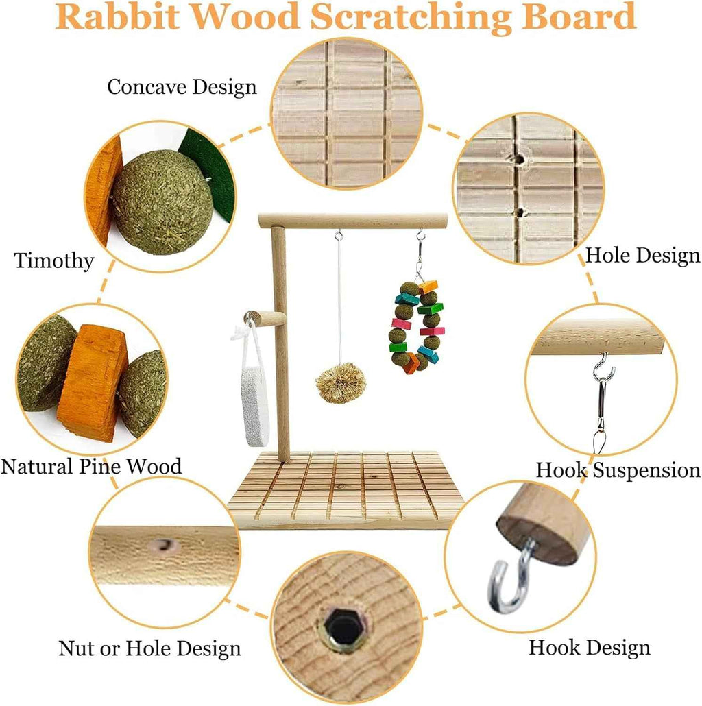 Rabbit wood scratching board with various design features highlighted.