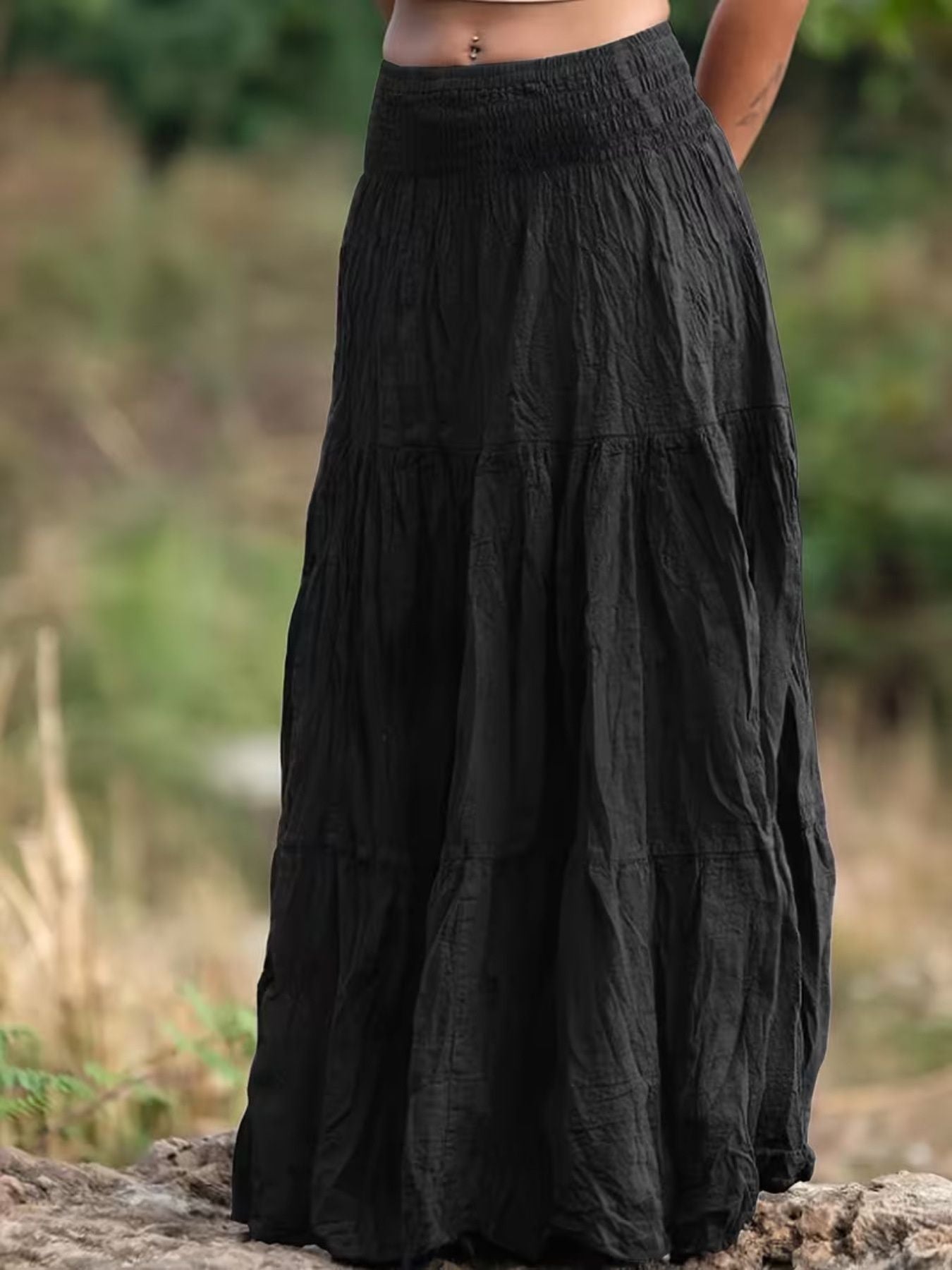 Women's Ruched Tiered Maxi Skirt | Bohemian Flowy Long Skirt