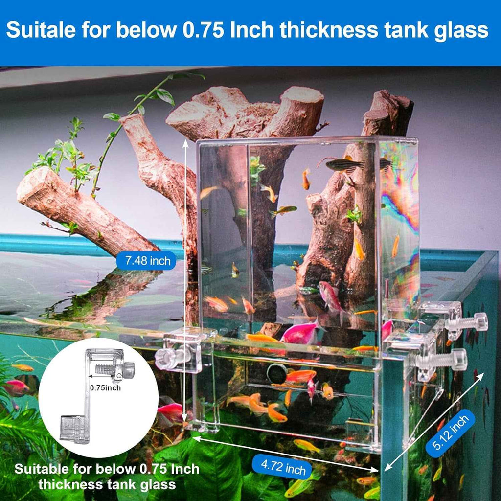 Aquarium viewing tower dimension graphic showing 7.48-inch height, 4.72-inch width, 5.12-inch depth and glass-thickness limit