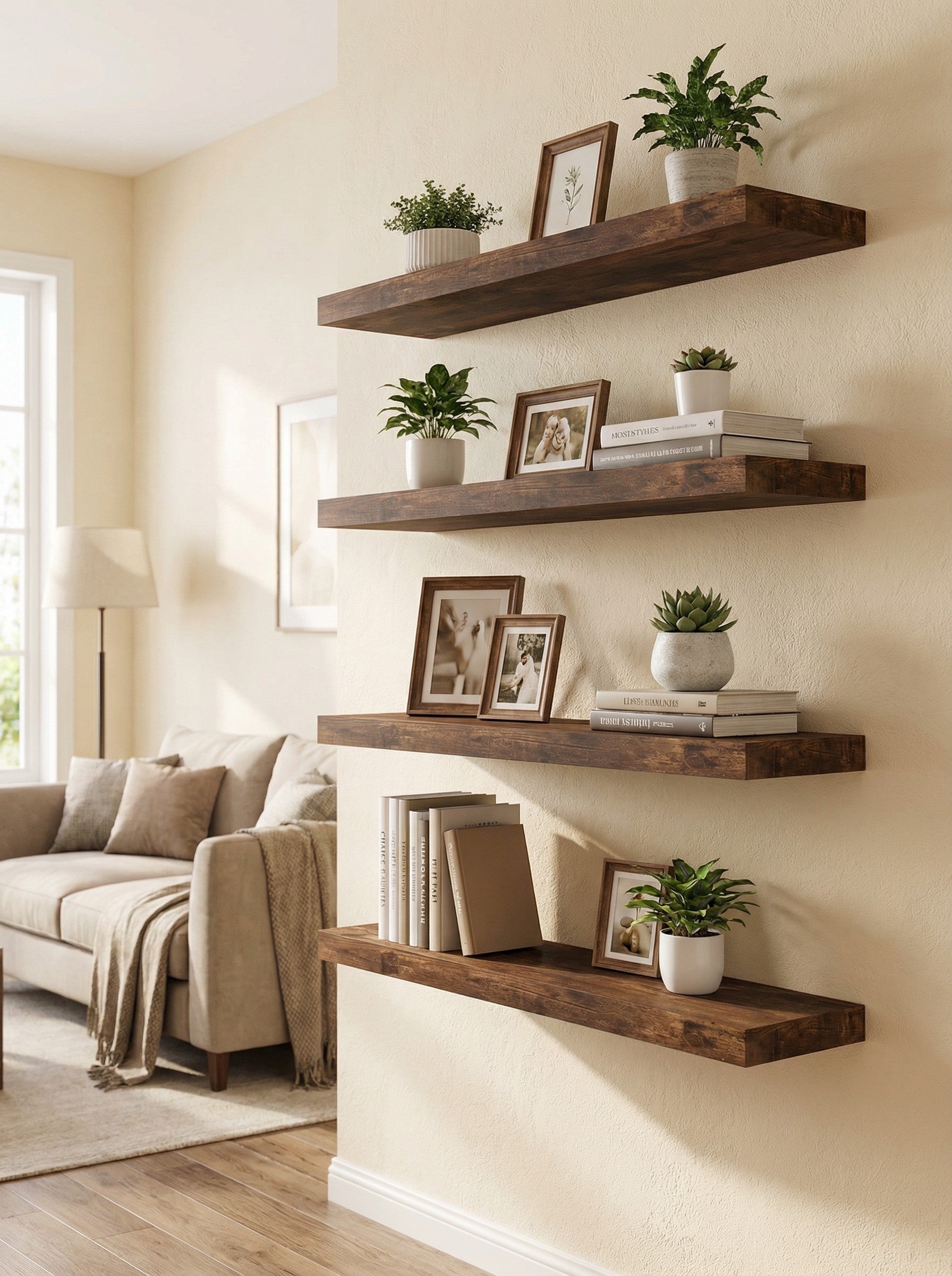 Floating Wall Shelves Set of 4 – 15.8", 20 lbs Capacity, Invisible Brackets | Black, Grey, Silver, Rustic