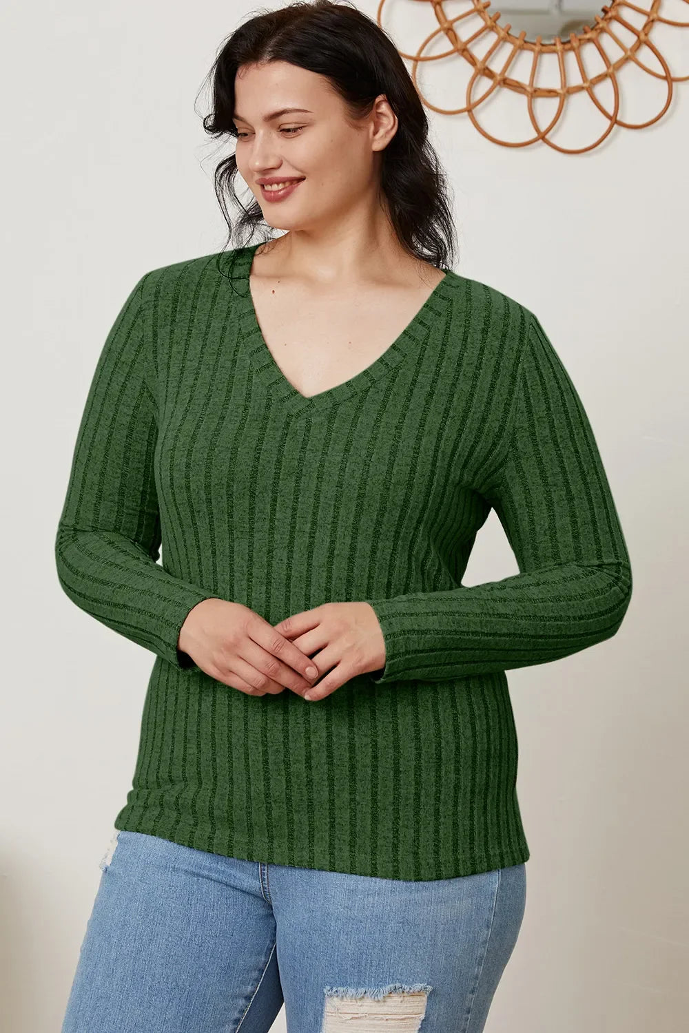 Basic Bae Ribbed V-Neck Long Sleeve Top