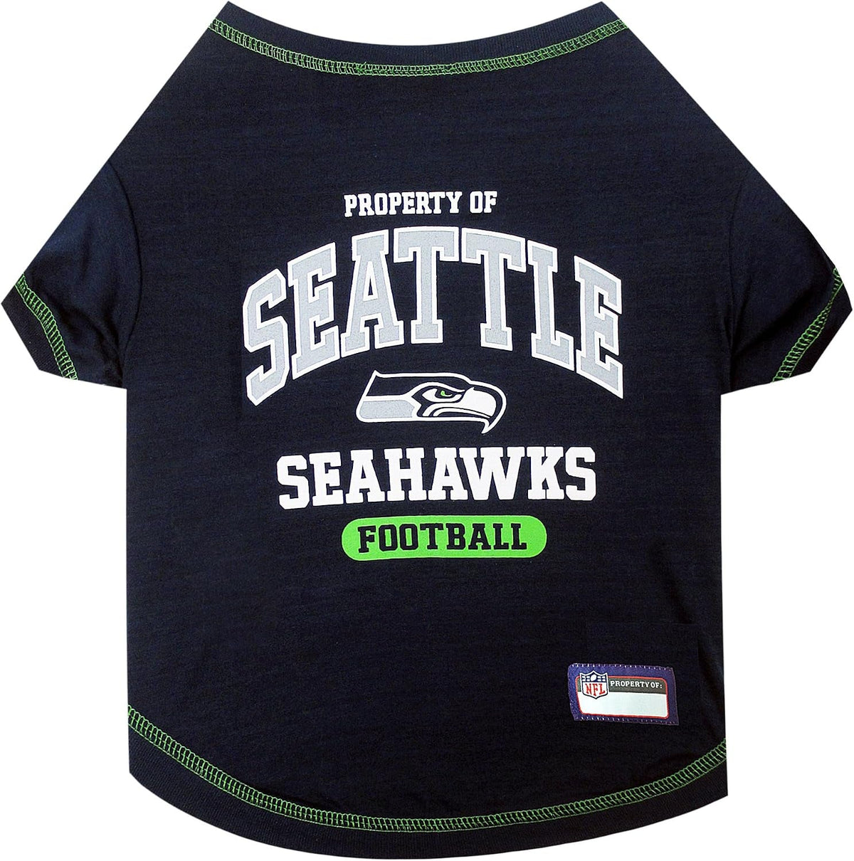 A pet t-shirt featuring the Seattle Seahawks logo and text on the front, in navy blue with white and green accents.