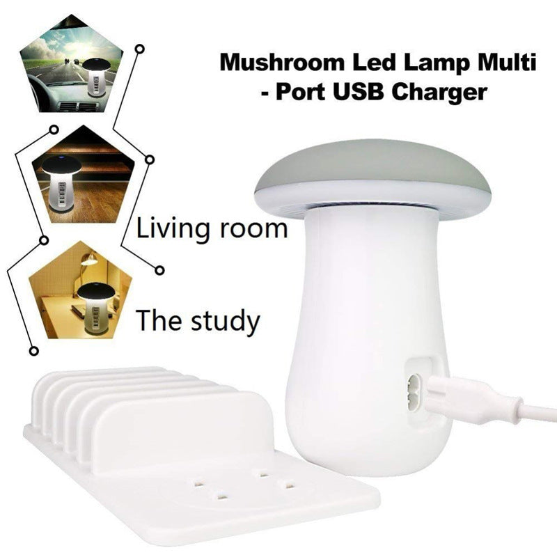 Mushroom LED Night Lamp + 5-Port USB Charging Station with Device Stand