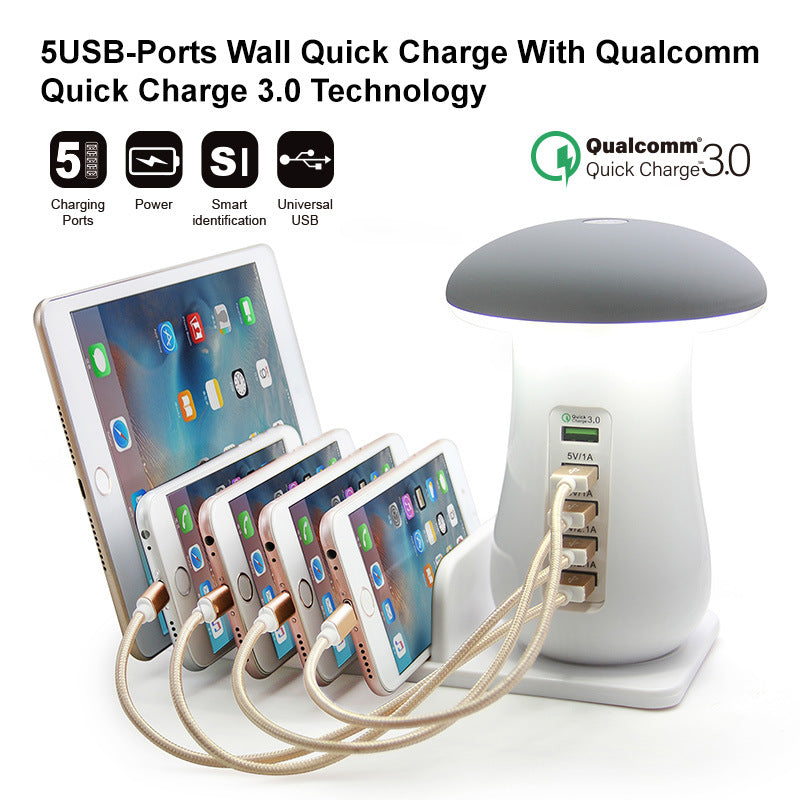Mushroom LED Night Lamp + 5-Port USB Charging Station with Device Stand