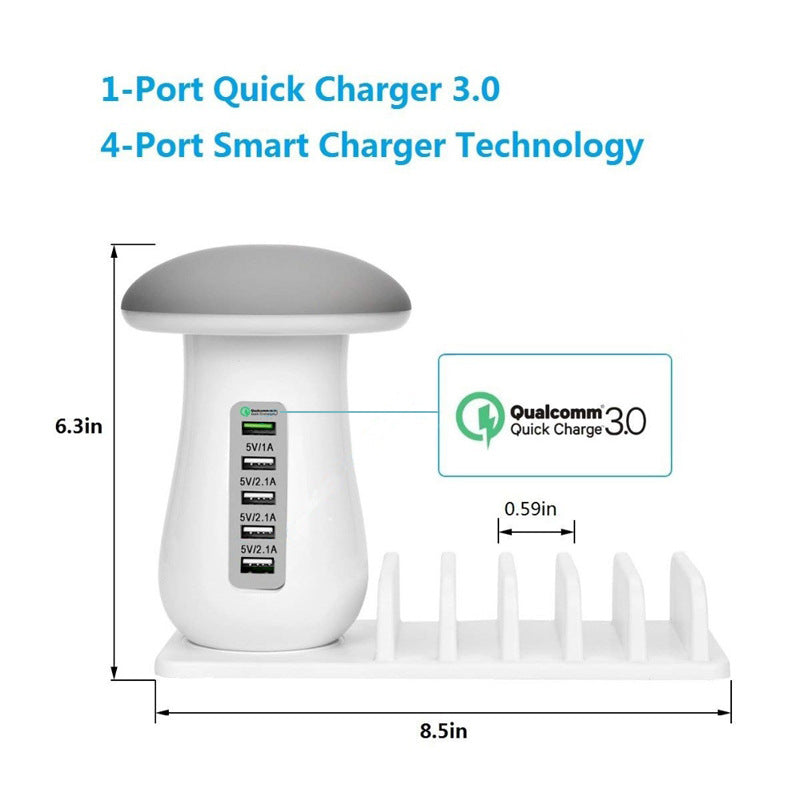 Mushroom LED Night Lamp + 5-Port USB Charging Station with Device Stand