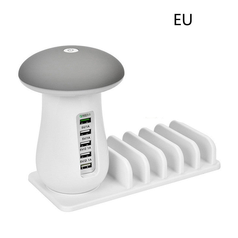 Mushroom LED Night Lamp + 5-Port USB Charging Station with Device Stand
