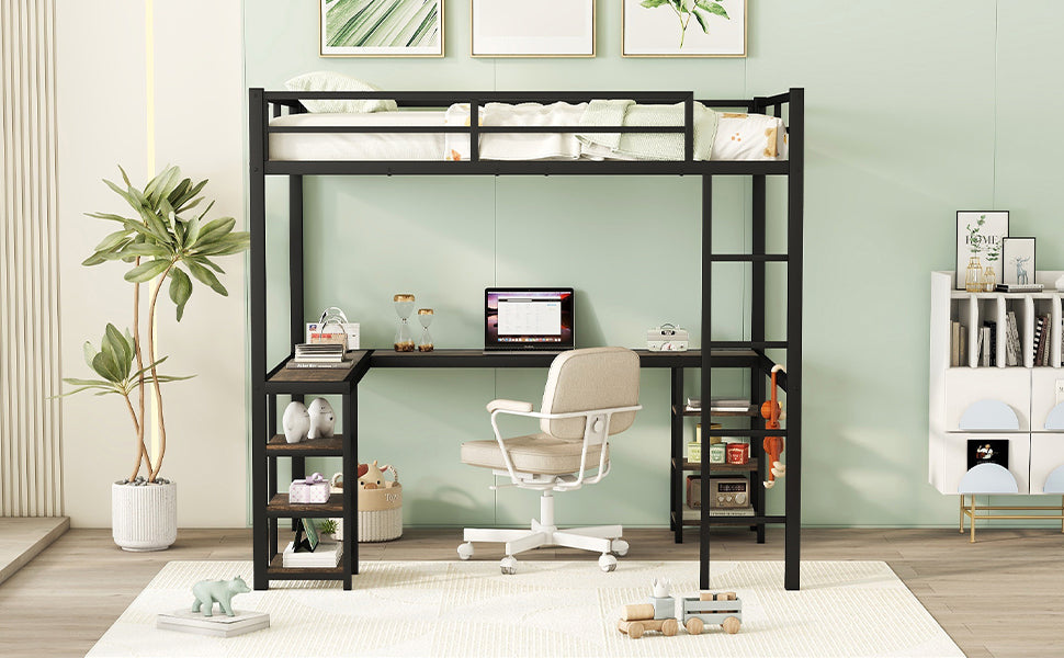 Full Metal Loft Bed with Desk, Shelves & Ladder