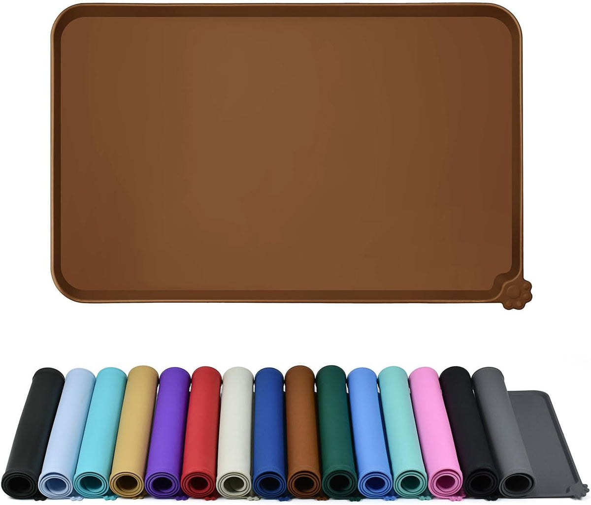 Warm brown raised-edge silicone feeding mat above rolled mats in multiple colors.
