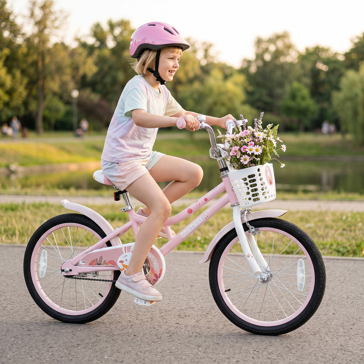 18" Kids Bike with Training Wheels, Front Basket & Dual Brakes