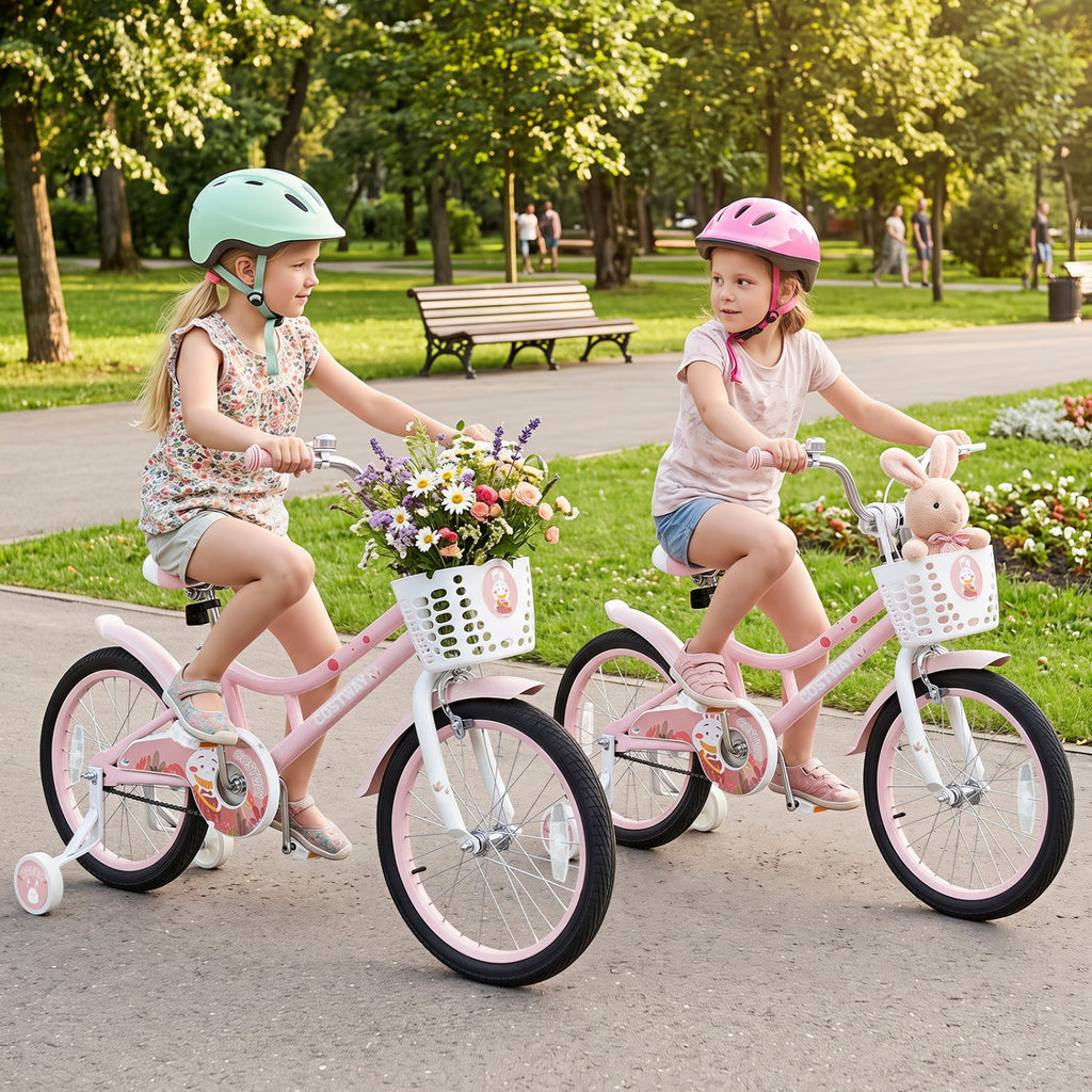 18" Kids Bike with Training Wheels, Front Basket & Dual Brakes