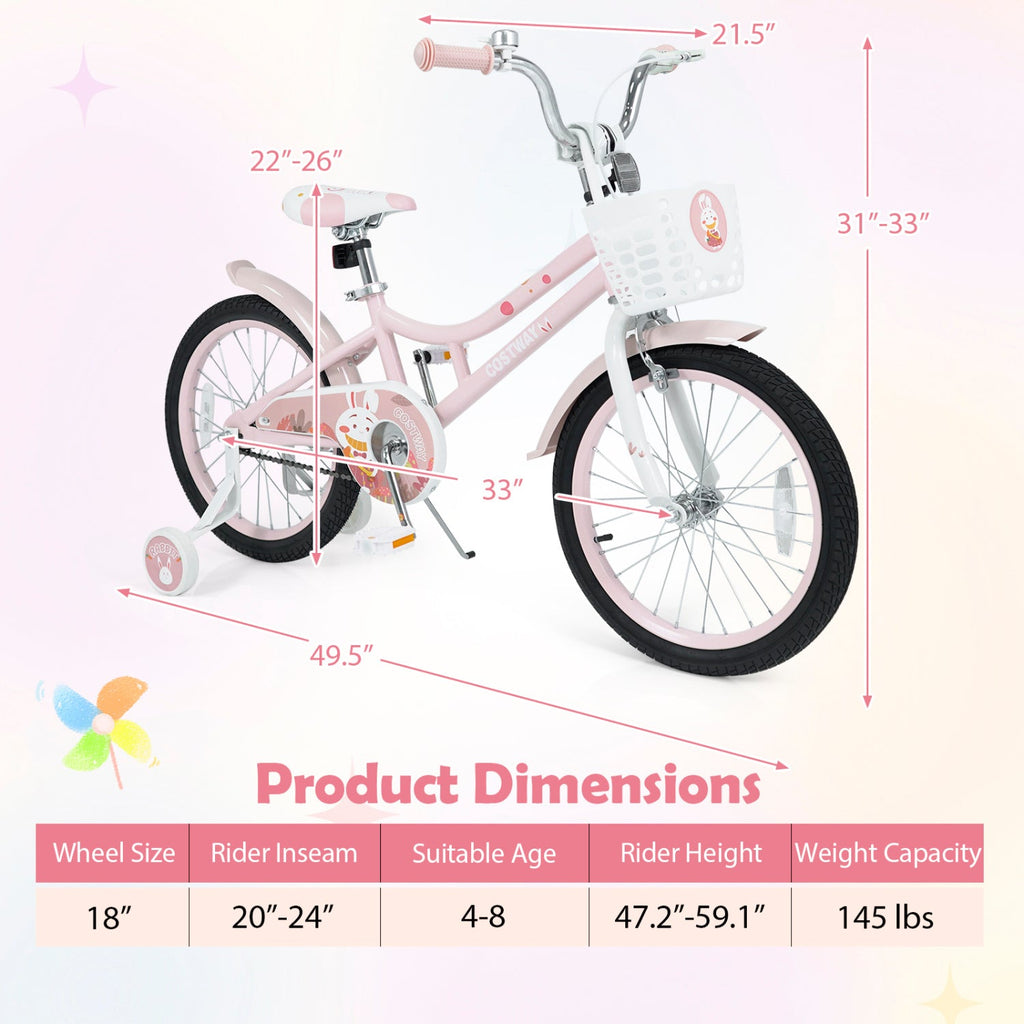 18" Kids Bike with Training Wheels, Front Basket & Dual Brakes